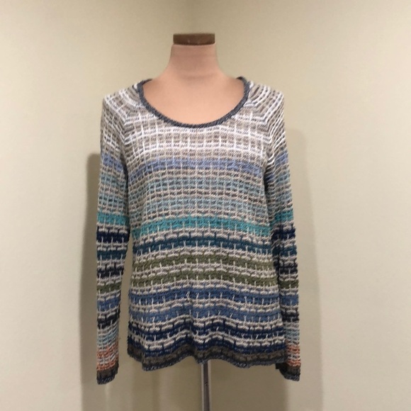 Nic + Zoe Sweater Size Large Gray Tan Blue Striped Linen Blend Pullover - Picture 2 of 10